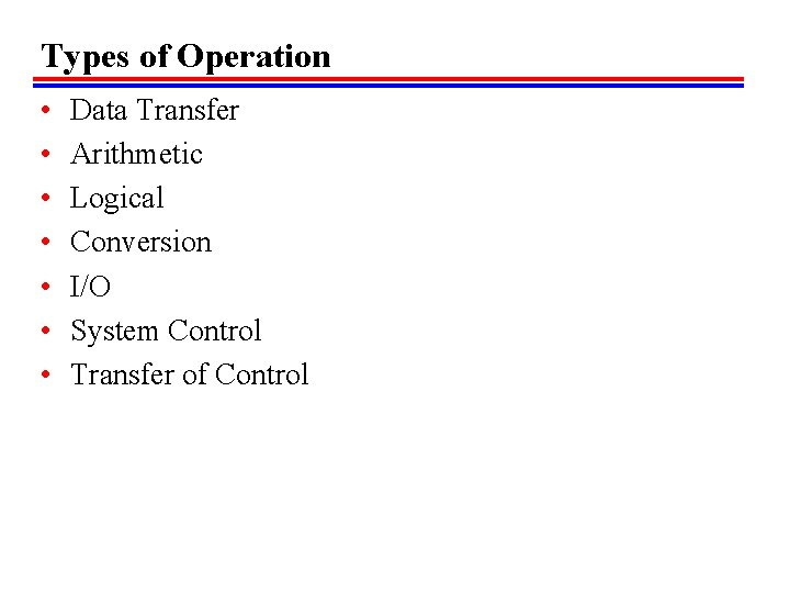 Types of Operation • • Data Transfer Arithmetic Logical Conversion I/O System Control Transfer