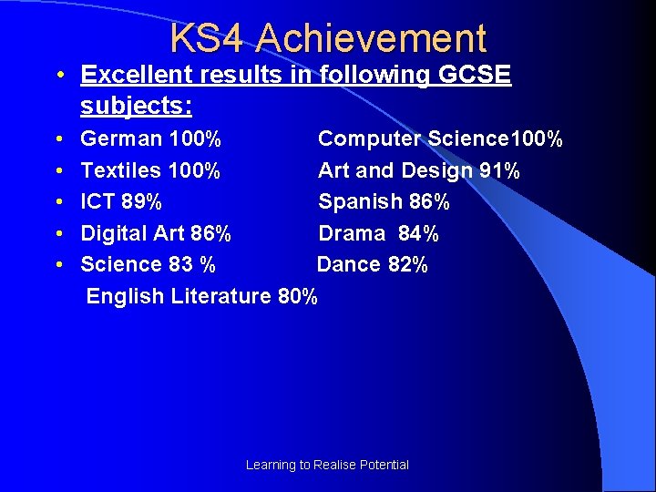 KS 4 Achievement • Excellent results in following GCSE subjects: • • • German