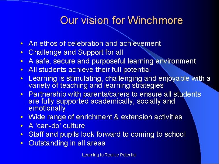 Our vision for Winchmore • • • An ethos of celebration and achievement Challenge