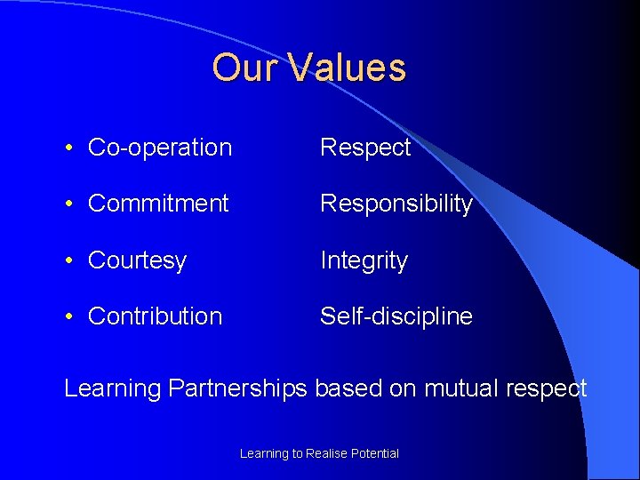 Our Values • Co-operation Respect • Commitment Responsibility • Courtesy Integrity • Contribution Self-discipline