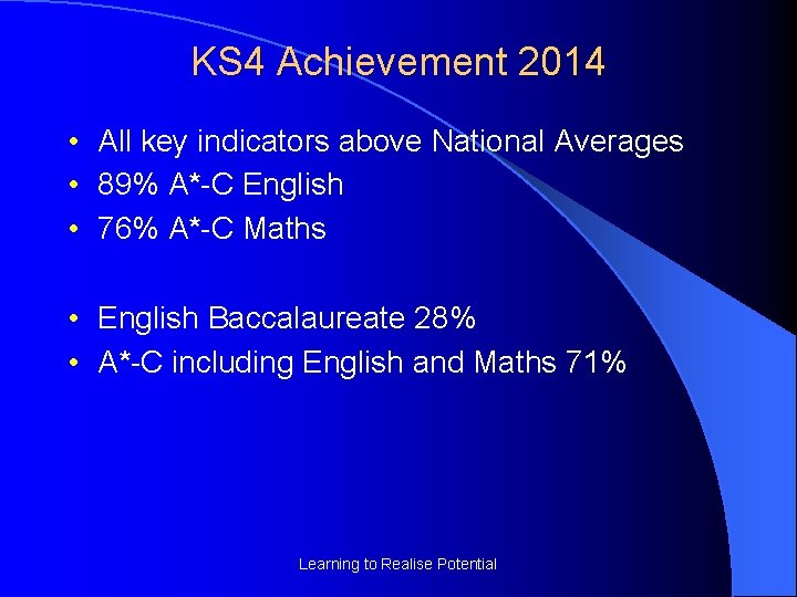 KS 4 Achievement 2014 • All key indicators above National Averages • 89% A*-C