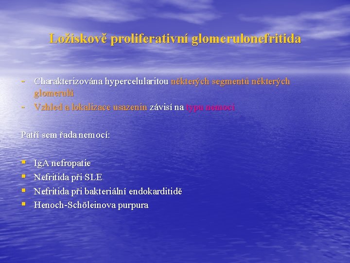 Ložiskově proliferativní glomerulonefritida - Charakterizována hypercelularitou některých segmentů některých - glomerulů Vzhled a lokalizace