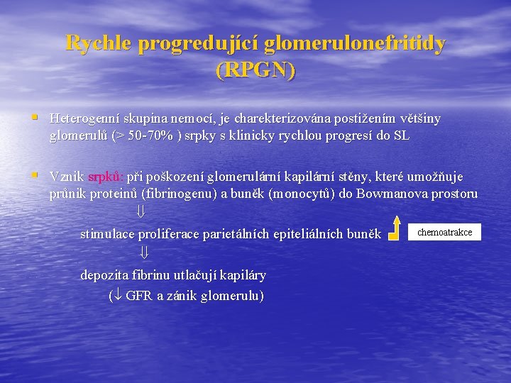 Rychle progredující glomerulonefritidy (RPGN) § Heterogenní skupina nemocí, je charekterizována postižením většiny glomerulů (>