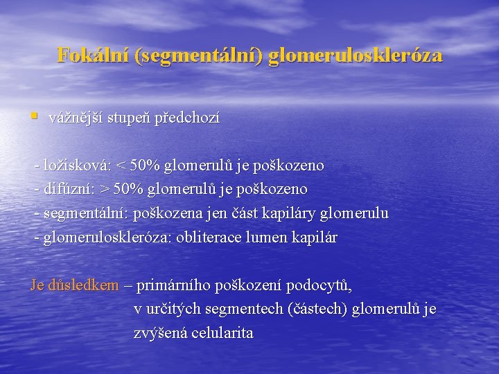 Fokální (segmentální) glomeruloskleróza § vážnější stupeň předchozí - ložisková: < 50% glomerulů je poškozeno