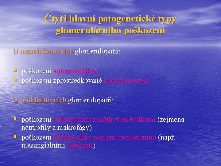 Čtyři hlavní patogenetické typy glomerulárního poškození U neproliferativních glomerulopatií: § poškození autoprotilátkou § poškození