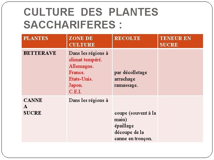 CULTURE DES PLANTES SACCHARIFERES : PLANTES ZONE DE CULTURE BETTERAVE Dans les régions à