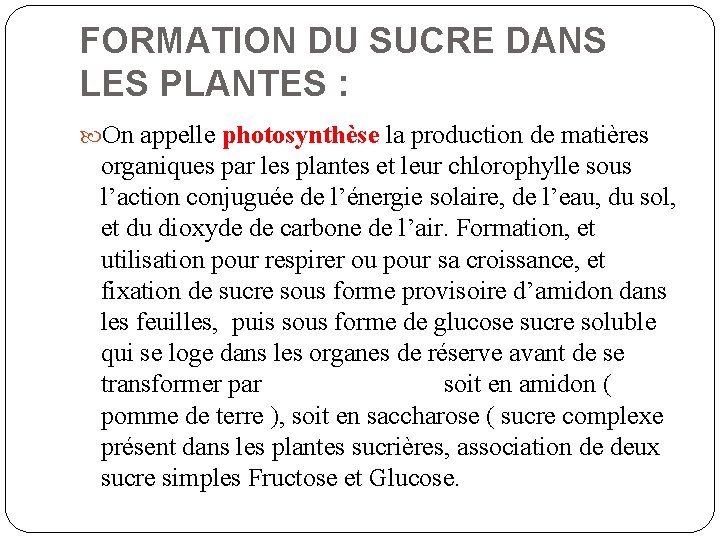 FORMATION DU SUCRE DANS LES PLANTES : On appelle photosynthèse la production de matières