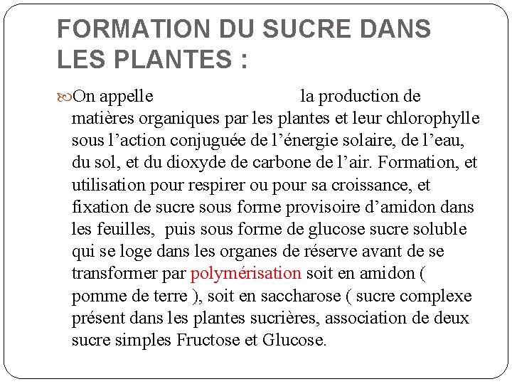 FORMATION DU SUCRE DANS LES PLANTES : On appelle la production de matières organiques