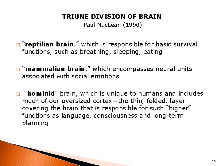 TRIUNE DIVISION OF BRAIN Paul Mac. Lean (1990) � � � “reptilian brain, ”