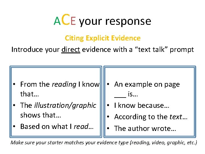 ACE your response Citing Explicit Evidence Introduce your direct evidence with a “text talk”