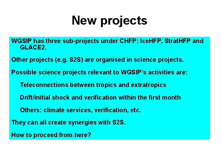 New projects WGSIP has three sub-projects under CHFP: Ice. HFP, Strat. HFP and GLACE