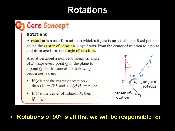 Rotations • Rotations of 90° is all that we will be responsible for 