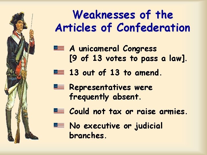 Weaknesses of the Articles of Confederation A unicameral Congress [9 of 13 votes to