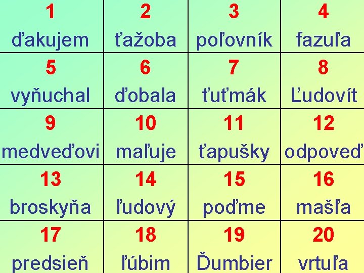 1 ďakujem 5 vyňuchal 9 medveďovi 13 broskyňa 17 predsieň 2 3 4 ťažoba