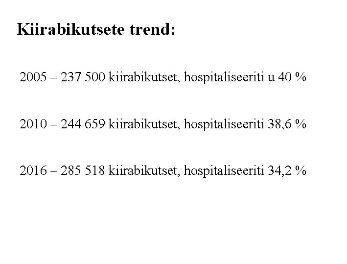Kiirabikutsete trend: 2005 – 237 500 kiirabikutset, hospitaliseeriti u 40 % 2010 – 244
