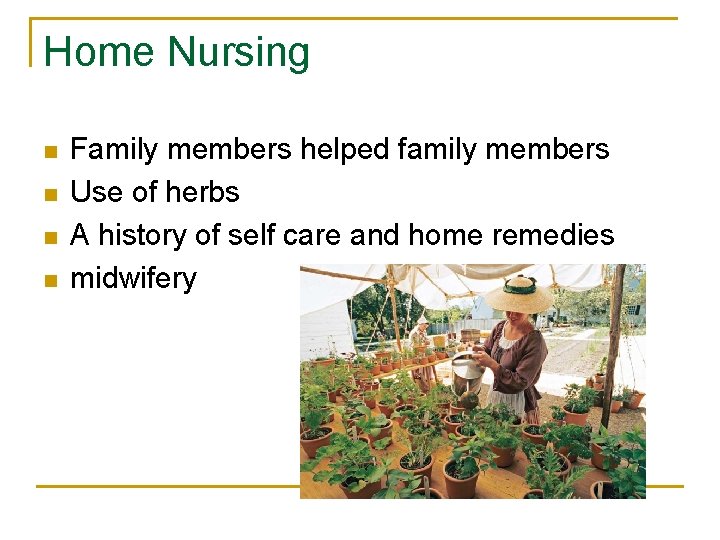 Home Nursing n n Family members helped family members Use of herbs A history