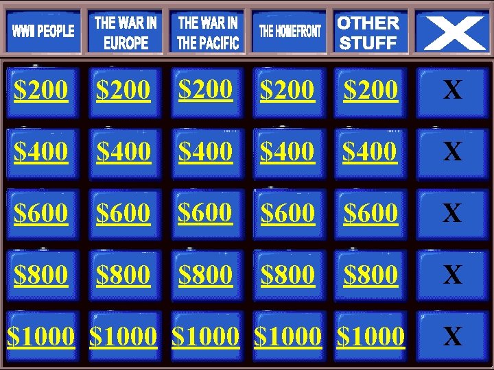 $200 X $400 X $200 $400 $600 $600 X $800 X $1000 $1000 X