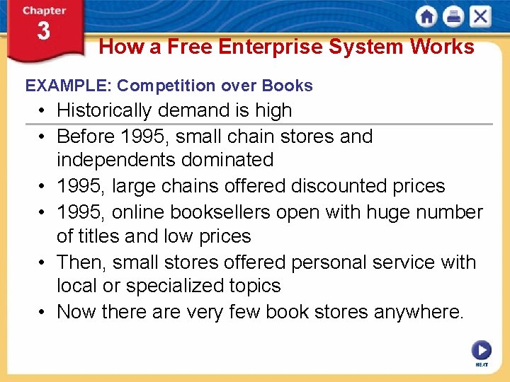 How a Free Enterprise System Works EXAMPLE: Competition over Books • Historically demand is