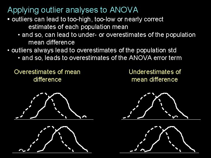 Applying outlier analyses to ANOVA • outliers can lead to too-high, too-low or nearly