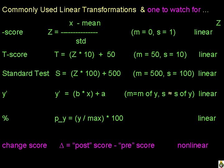 Commonly Used Linear Transformations & one to watch for. . . -score T-score x