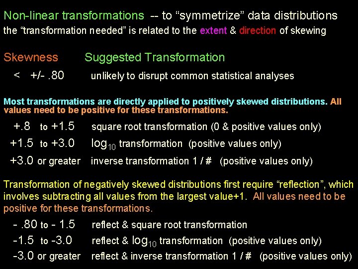 Non-linear transformations -- to “symmetrize” data distributions the “transformation needed” is related to the