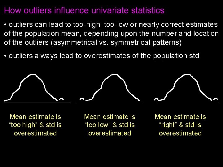 How outliers influence univariate statistics • outliers can lead to too-high, too-low or nearly