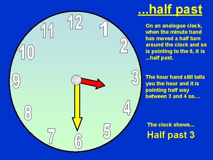 . . . half past On an analogue clock, when the minute hand has