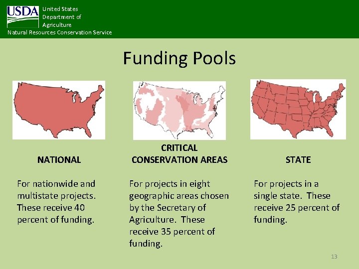United States Department of Agriculture Natural Resources Conservation Service Funding Pools NATIONAL For nationwide