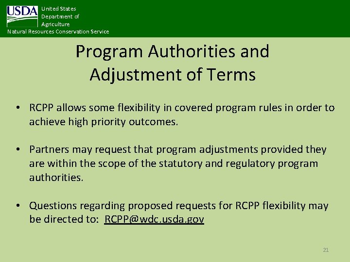 United States Department of Agriculture Natural Resources Conservation Service Program Authorities and Adjustment of