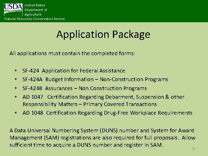 United States Department of Agriculture Natural Resources Conservation Service Application Package All applications must