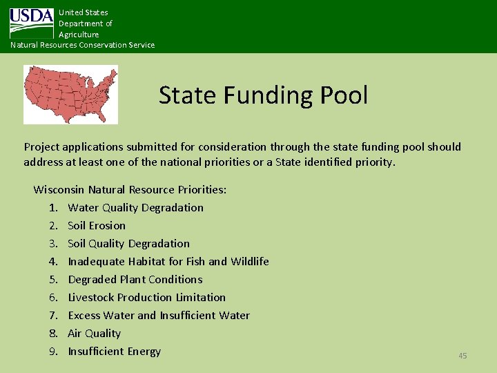 United States Department of Agriculture Natural Resources Conservation Service State Funding Pool Project applications