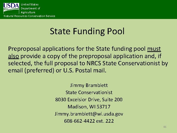 United States Department of Agriculture Natural Resources Conservation Service State Funding Pool Preproposal applications