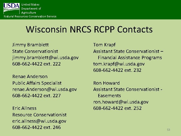 United States Department of Agriculture Natural Resources Conservation Service Wisconsin NRCS RCPP Contacts Jimmy