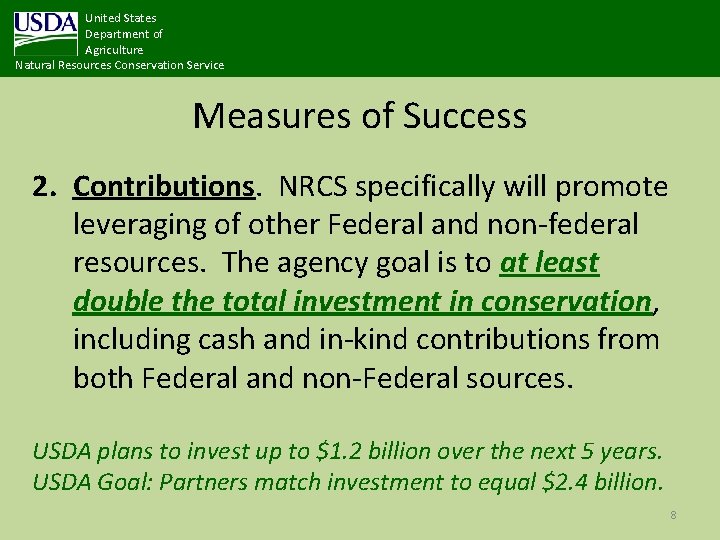 United States Department of Agriculture Natural Resources Conservation Service Measures of Success 2. Contributions.