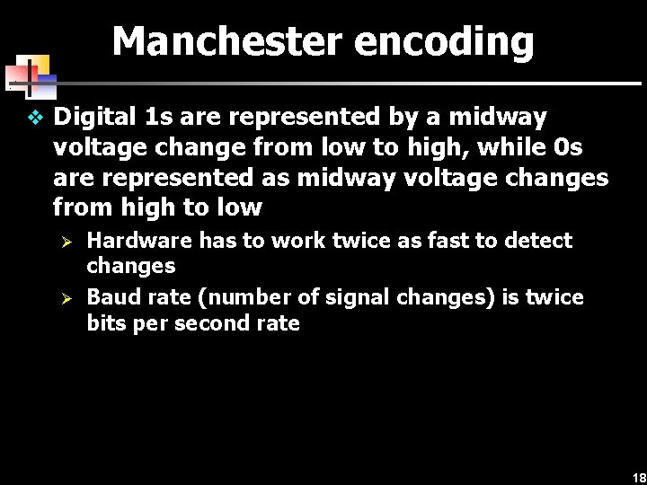 Manchester encoding v Digital 1 s are represented by a midway voltage change from