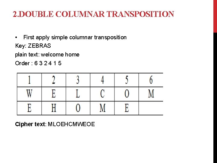 2. DOUBLE COLUMNAR TRANSPOSITION • First apply simple columnar transposition Key: ZEBRAS plain text: