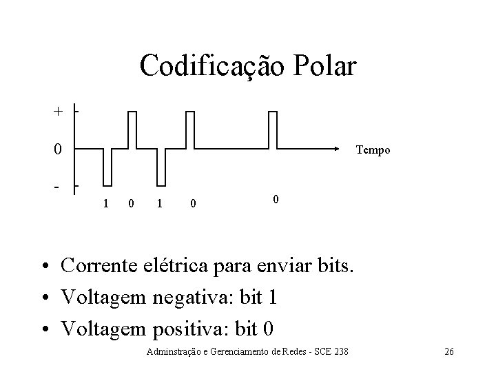 Codificação Polar + 0 Tempo 1 0 0 • Corrente elétrica para enviar bits.