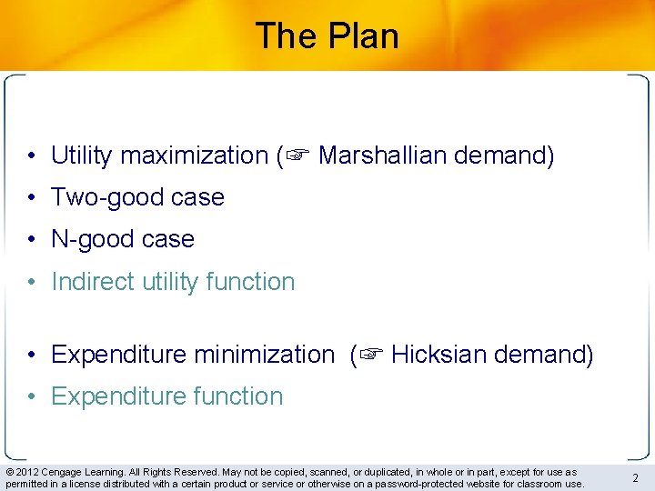 The Plan • Utility maximization (☞ Marshallian demand) • Two-good case • N-good case