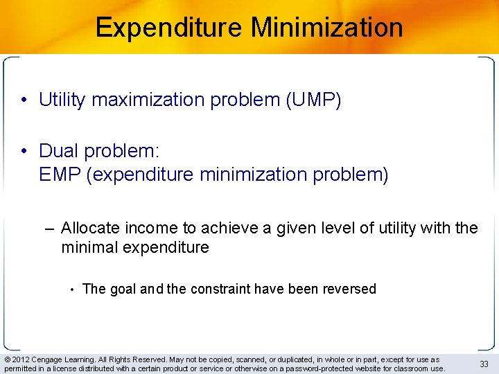 Expenditure Minimization • Utility maximization problem (UMP) • Dual problem: EMP (expenditure minimization problem)