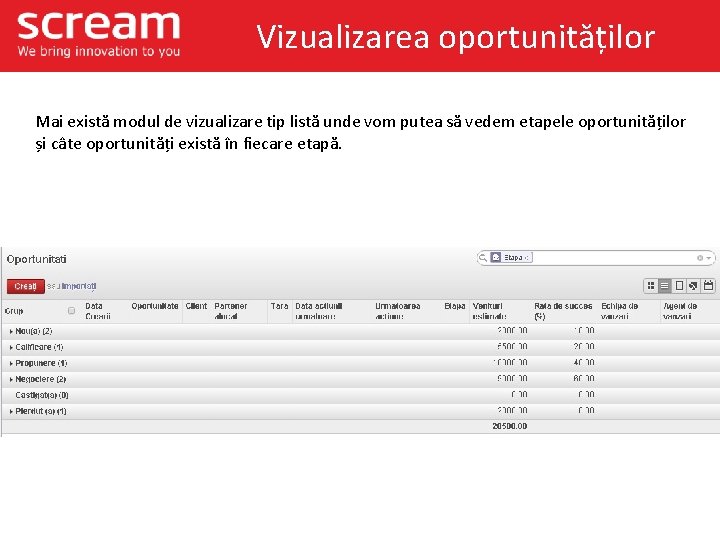 Vizualizarea oportunităților Mai există modul de vizualizare tip listă unde vom putea să vedem