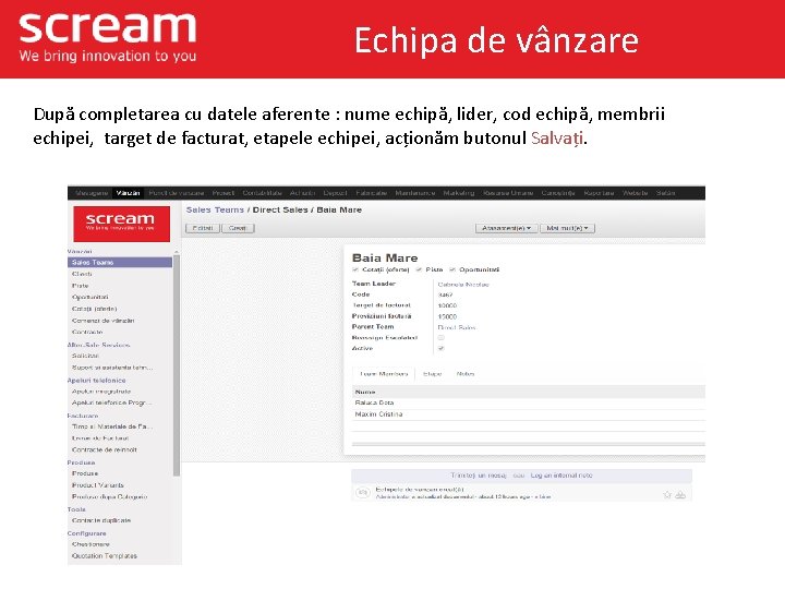 Echipa de vânzare După completarea cu datele aferente : nume echipă, lider, cod echipă,