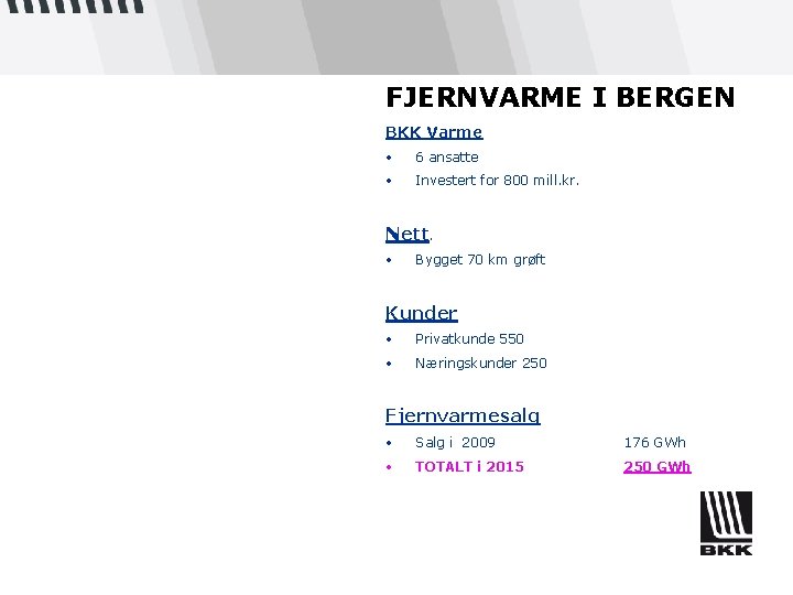FJERNVARME I BERGEN BKK Varme • 6 ansatte • Investert for 800 mill. kr.