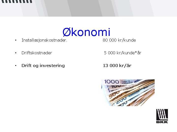 Økonomi • Installasjonskostnader. • Driftskostnader • Drift og investering 80 000 kr/kunde 5 000