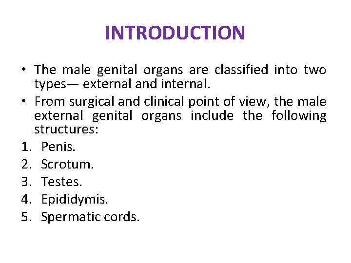 INTRODUCTION • The male genital organs are classified into two types— external and internal. INTRODUCTION • The male genital organs are classified into two types— external and internal.