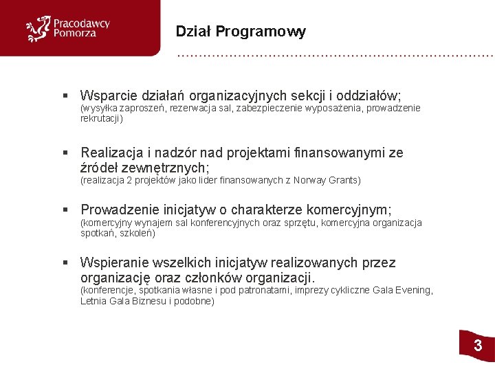 Dział Programowy § Wsparcie działań organizacyjnych sekcji i oddziałów; (wysyłka zaproszeń, rezerwacja sal, zabezpieczenie