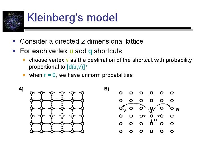 Kleinberg’s model § Consider a directed 2 -dimensional lattice § For each vertex u