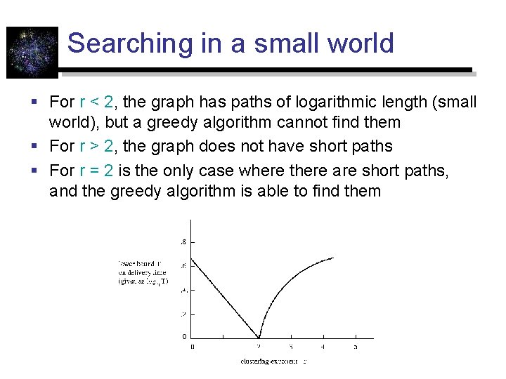 Searching in a small world § For r < 2, the graph has paths