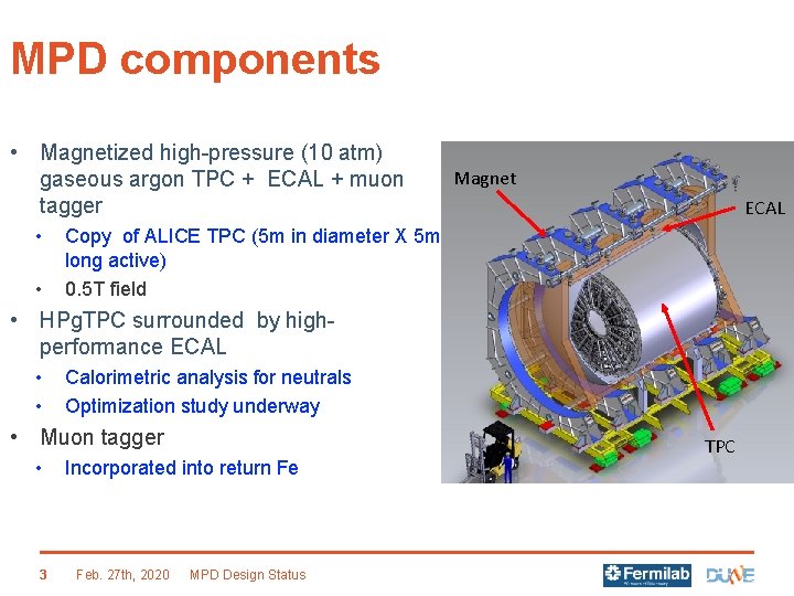 MPD components • Magnetized high-pressure (10 atm) gaseous argon TPC + ECAL + muon