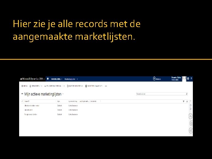 Hier zie je alle records met de aangemaakte marketlijsten. 