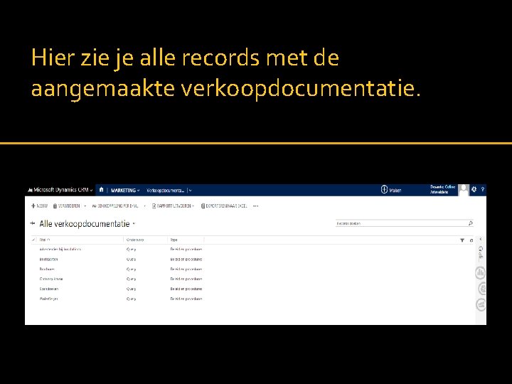 Hier zie je alle records met de aangemaakte verkoopdocumentatie. 